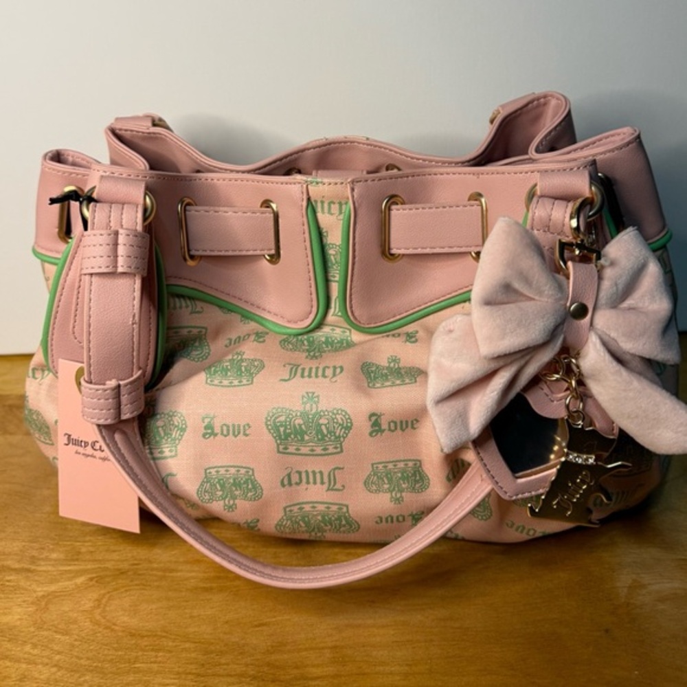 Juicy Couture Crown Love Tote Blush Pink Green Canvas Bow Charm NWT